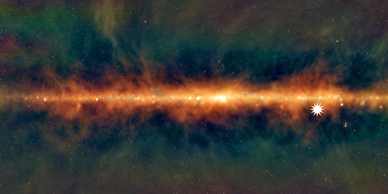 This image shows a new view of the Milky Way from the Murchison Widefield Array, with the lowest frequencies in red, middle frequencies in green, and the highest frequencies in blue. The star icon shows the position of the mysterious repeating transient.