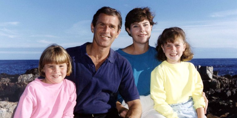 George W. Bush, wife Laura Bush and daughters, Jenna (L) and Barbara pose for a family portrait in K..