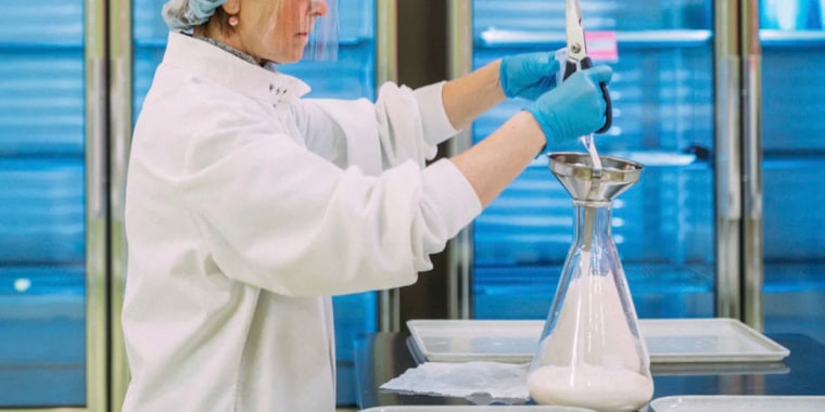 Milk is prepared for pasteurization at the Three Rivers Mothers' Milk Bank in Pittsburgh in 2017.
