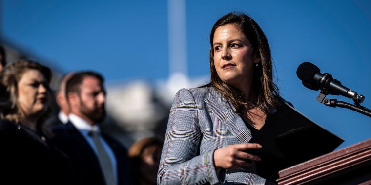 Republican Conference Chair Elise Stefanik, R-N.Y., speaks with other House Republicans at a press conference on Capitol Hill on Nov. 17, 2021.