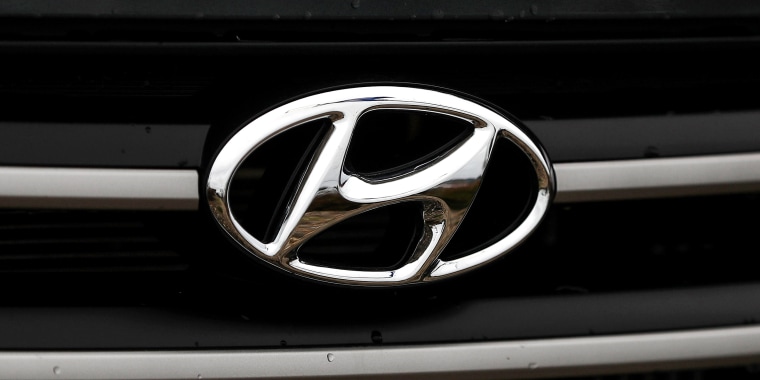 The Hyundai logo on a vehicle on April 7, 2017, in Colma, Calif.