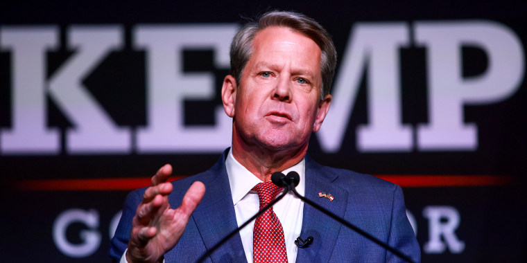 Republican gubernatorial candidate Gov. Brian Kemp speaks during his primary night election party at the Chick-fil-A College Football Hall of Fame on May 24, 2022, in Atlanta.