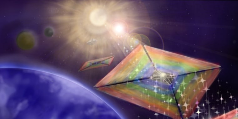 Diffractive solar sails, depicted in this conceptual illustration, could enable missions to hard-to-reach places, like orbits over the Sun’s poles.