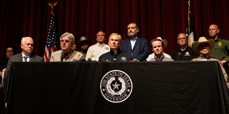 Image: Gov. Greg Abbott during a press conference at Uvalde High School on May 25, 2022 in Uvalde, Texas.