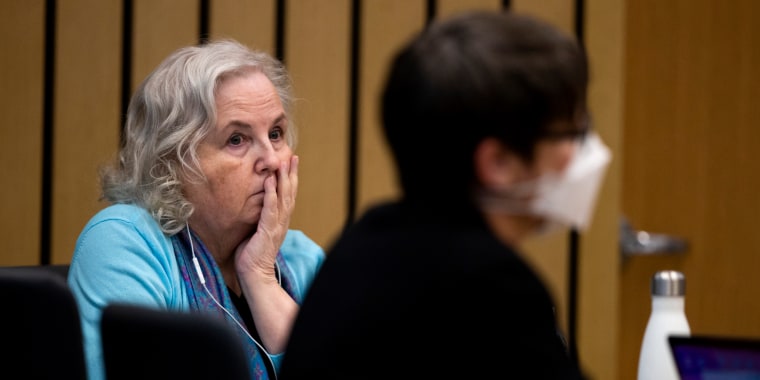 Nancy Crampton Brophy watches proceedings in court in Portland, Oregon, on April 4, 2022.