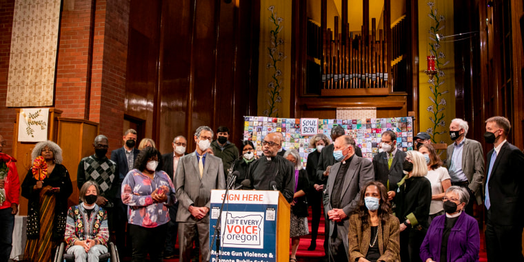 Image: 'Lift Every Voice', a group of clergy advocating for gun-safety measures on the 2022 Oregon ballot, held a wide-ranging press conference in Portland, Ore. on May 26, 2022 in the wake of the Uvalde massacre.