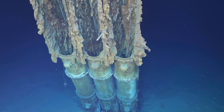 The three-tube torpedo launcher that was part of the USS Samuel B. Roberts can be seen underwater off the Philippines in the Western Pacific Ocean on June 22, 2022.