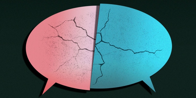 Ilustración de dos burbujas de texto de diferentes colores chocando entre sí en representación de las diferencias políticas