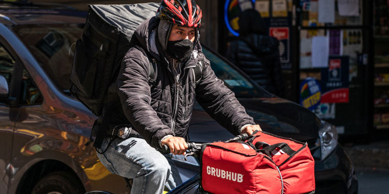 A food delivery courier for Grubhub Inc. in New York on April 6, 2020.