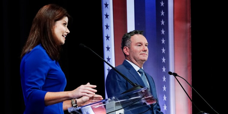 Rebecca Kleefisch and Tim Michels during a televised Wisconsin Republican gubernatorial debate on July 24, 2022, in Milwaukee.