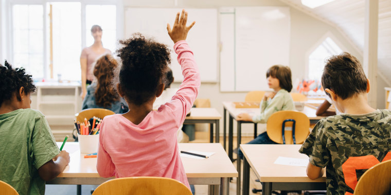 Rear view of boy raising hand while answering in class at elementary school
