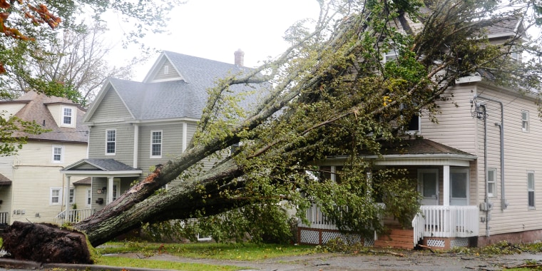 Fallen trees lean against a house in Sydney, Nova Scota, as post tropical storm Fiona continues to batter the Maritimes on Saturday, Sept. 24, 2022.
