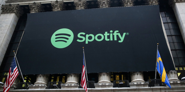 The Spotify logo on the New York Stock Exchange on April 3, 2018.
