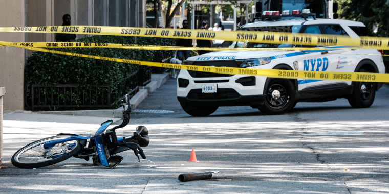 A Citi Bike sits at the scene of a shooting in Alphabet City in lower Manhattan on Sept. 1, 2022 in New York.