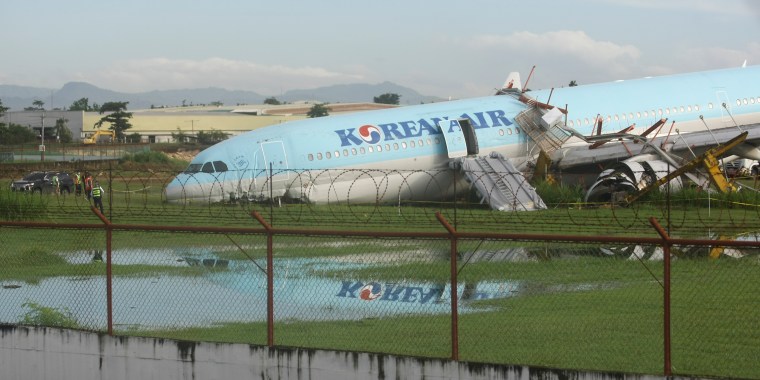 A damaged Korean Air plane on Monday after it overshot the runway at an airport in Cebu, the Philippines.