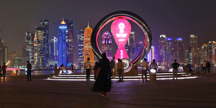 The countdown clock in the Qatari capital Doha ahead of the FIFA 2022 football World Cup on Oct. 11.