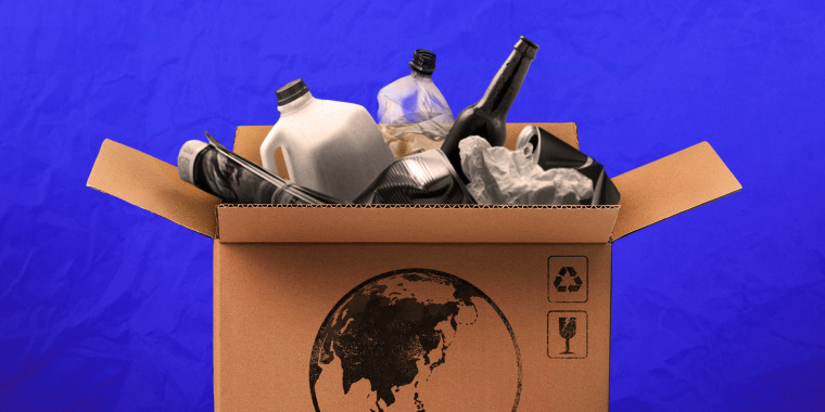 Shipping box with a map of East/Southeast Asia, filled with recyclable trash.