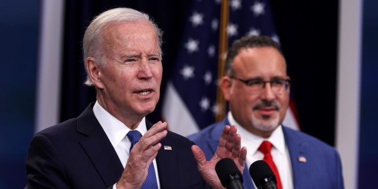 President Joe Biden speaks on the student debt relief plan alongside Secretary of Education Miguel Cardona in Washington on Oct. 17, 2022.