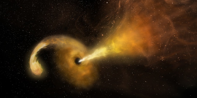 An artist's concept of a tidal disruption event that happens when a star passes fatally close to a supermassive black hole, which reacts by launching a relativistic jet.