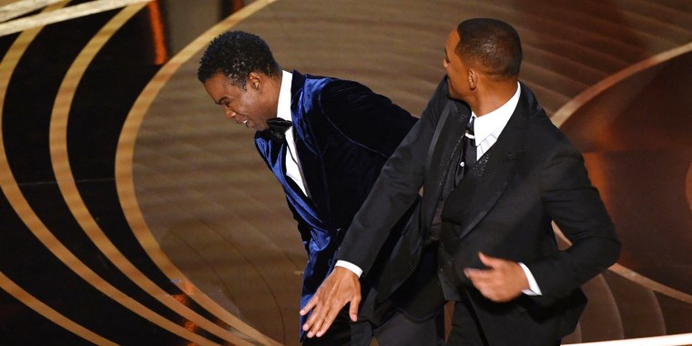 Will Smith slaps Chris Rock onstage during the 94th Oscars in Los Angeles on March 27, 2022. 