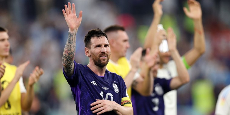 Lionel Messi of Argentina celebrates with the fans after their sides victory during the FIFA World Cup Qatar 2022 Group C match between Poland and Argentina at Stadium 974 on November 30, 2022 in Doha, Qatar.