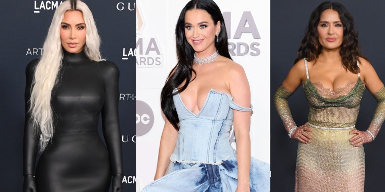 Kim Kardashian de licra, Katy Perry con moda de jean sobre jean y Salma Hayek con guantes largos. 
