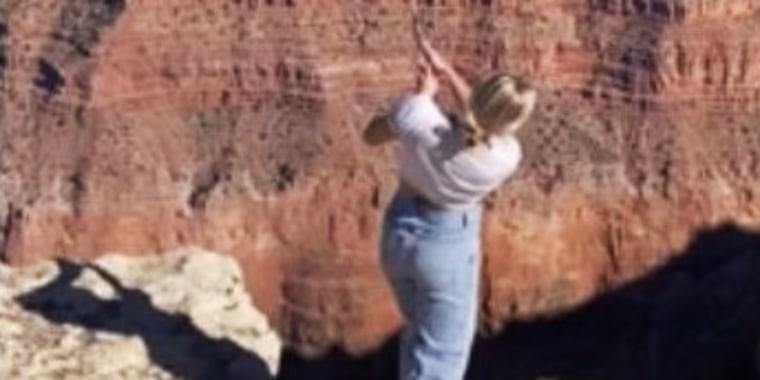 TikTok influencer Katie Sigmond  hitting a golf ball and club into the Grand Canyon. 