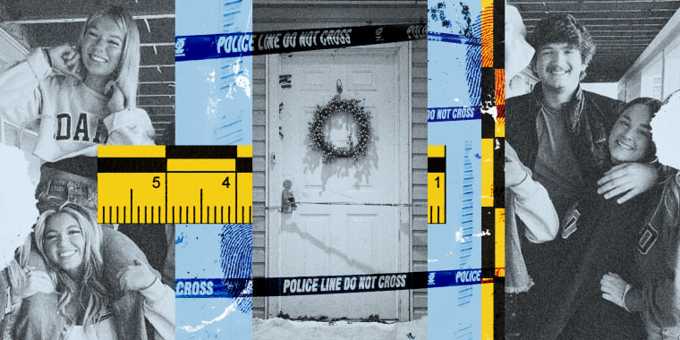 Photo illustration of the four slain University of Idaho students, the door to the house where the murders occurred, finger prints, police caution tape, and evidence rulers.