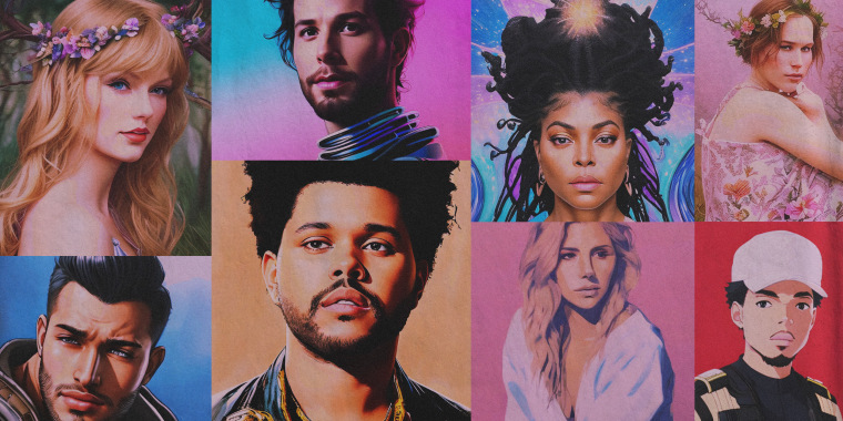 Various photos of celebrities that have been created using Lensa AI, including: Taylor Swift, The Weeknd, Taraji P. Henson, Christina Perri, Chance the Rapper.