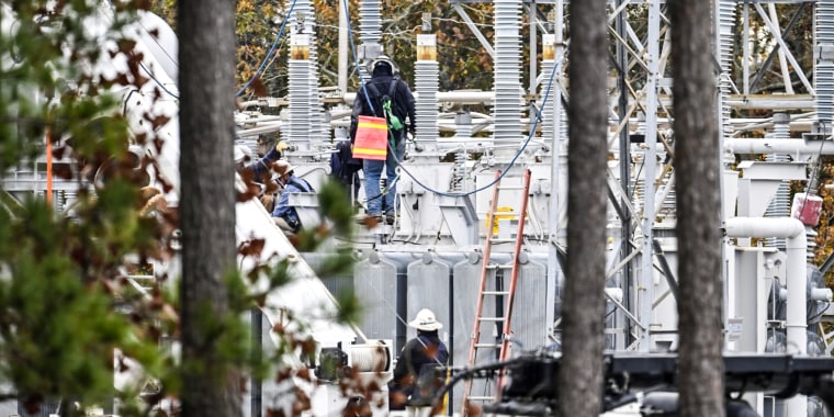 The substation while work is in progress as tens of thousands are without power on Moore County after an attack at two substations by Duke Electric were shot at in Carthage, N.C., on Dec. 5, 2022.