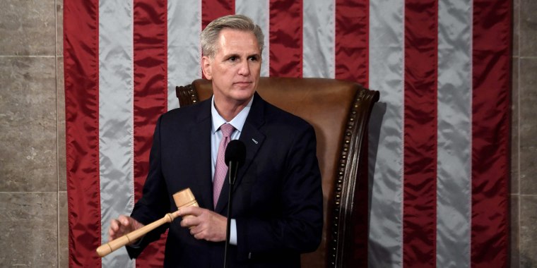 Kevin McCarthy holds the gavel after he was elected House speaker at the U.S. Capitol