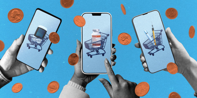 Photo Illustration: Surrounded by falling coins, three people's hands each hold a phone with screens showing diabetes supplies in shopping carts.