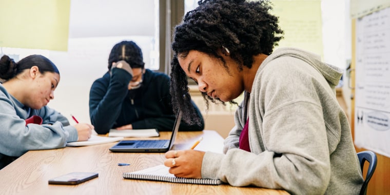 Amirah Riddick and other students in an Advanced Placement African American Studies class at Brooklyn Preparatory High School on Oct. 19, 2022, in Brooklyn, N.Y.