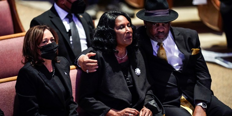 Image: Vice President Kamala Harris sits with RowVaughn Wells and Rodney Wells during the funeral service for Wells' son Tyre Nichols at Mississippi Boulevard Christian Church in Memphis, Tenn., on Feb. 1, 2023.
