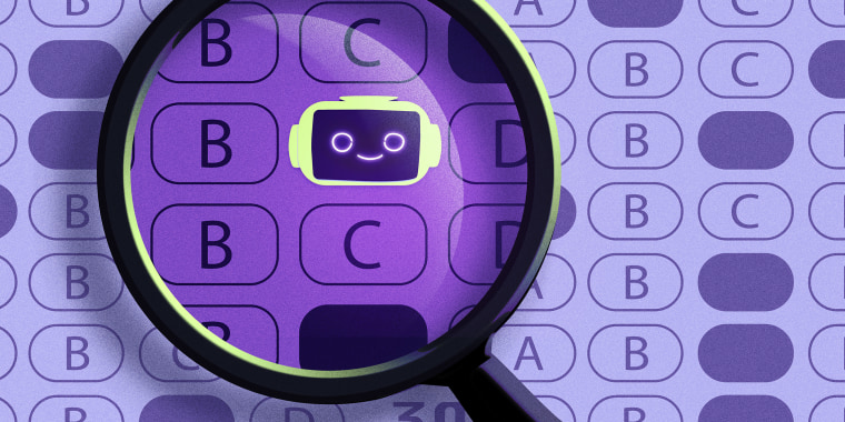 An illustration of a filled out scantron with a magnifying glass over it, revealing a robot instead of one of the filled in bubbles.