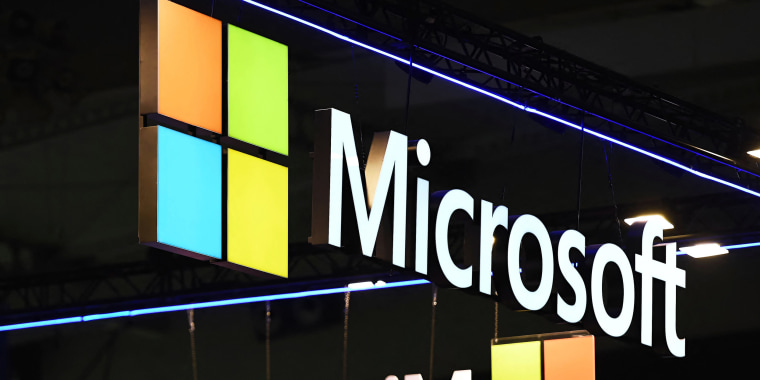 A sign of the Microsoft logo at the Integrated Systems Europe audiovisual and systems integration exhibition in Barcelona