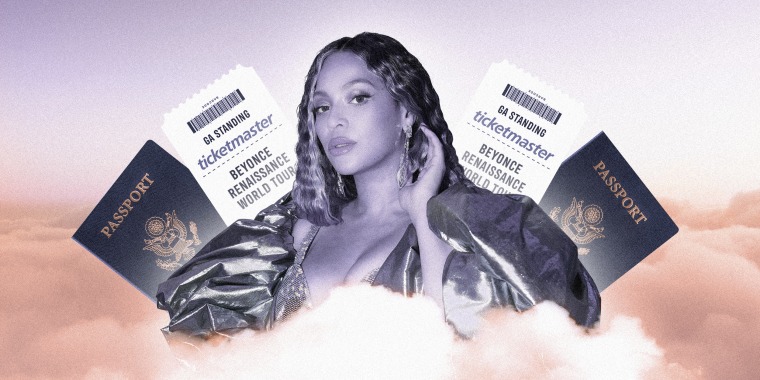 Photo illustration: Beyonce surrounded by clouds with passports and concert tickets behind her.