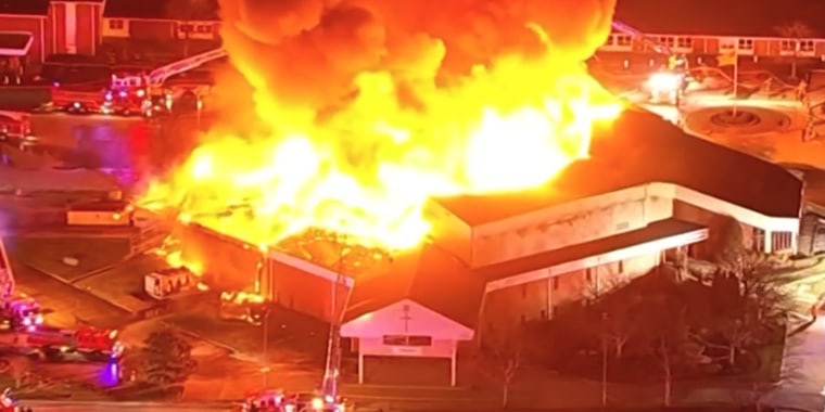 A major fire burns a large church in Burlington, N.J., to the ground on March 20, 2023. 
