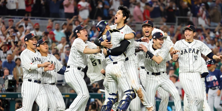 Team Japan celebrates after the final out of the World Baseball Classic Championship defeating Team USA 3-2 at loanDepot park on March 21, 2023 in Miami, Florida.