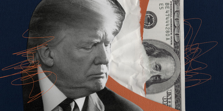 Photo illustration of former President Donald Trump, scribbles, paper tears, and a large $100 bill.