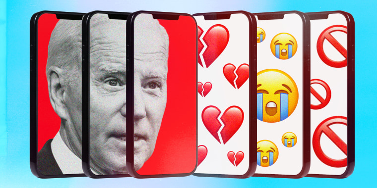 Photo illustration of overlapping phone screens showing President Joe Biden facing screens with broken heart emojis, sobbing emojis, and prohibited emojis.