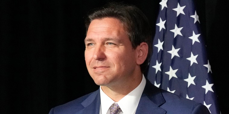 FILE - Florida Gov. Ron DeSantis looks on after announcing a proposal for Digital Bill of Rights, Wednesday, Feb. 15, 2023, at Palm Beach Atlantic University in West Palm Beach, Fla.