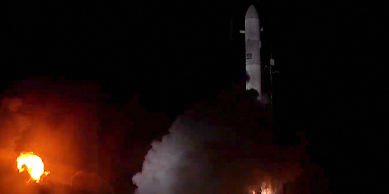 This handout screengrab provided by Relativity Space on March 22, 2023, shows the first 3D printed rocket, Terran 1, taking off from Launch Complex 16 in Cape Canaveral, Florida, on its third launch attempt.