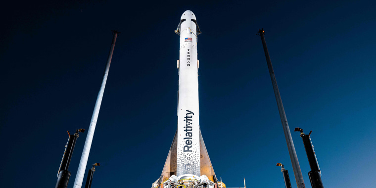 In this handout photo from Relativity Space obtained on March 10, 2023, the Terran 1 rocket can be seen on the launch pad at Launch Complex 16 in Cape Canaveral, Florida. - The Terran 1 is the worlds first 3D printed rocket an its second launch is scheduled for March 11, 2023.