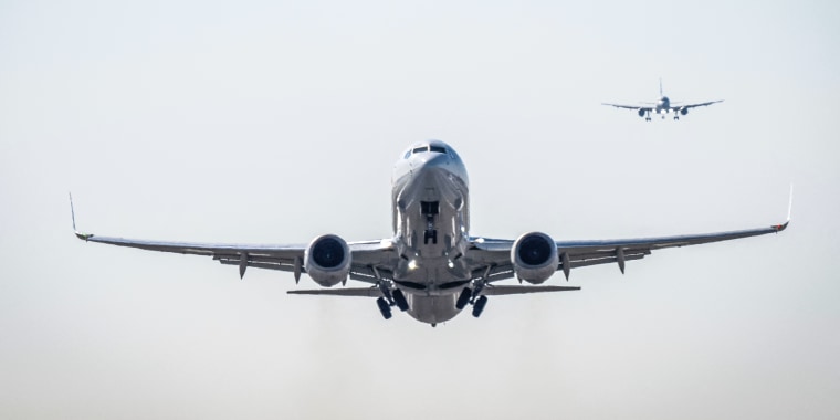 Image: A plane takes off as another comes in for a landing from Ronald Reagan Washington National Airport in Arlington, Va., on March 20, 2023.