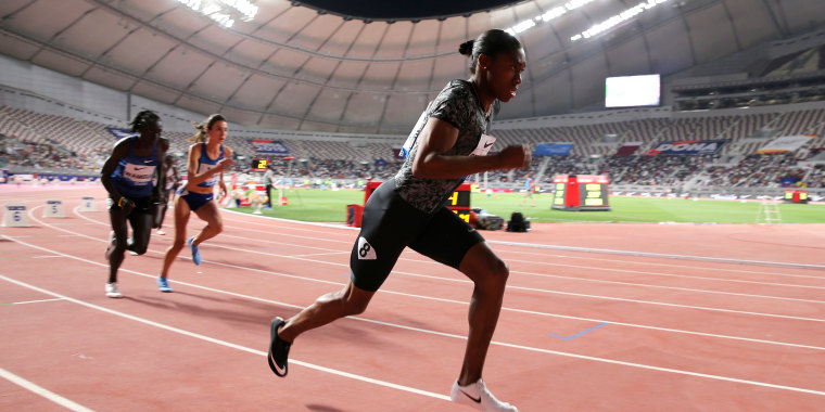 South Africa's Caster Semenya competes to win the gold in the women's 800-meter final during the Diamond League in Doha, Qatar, Friday, May 3, 2019.