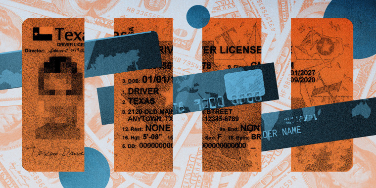 Photo illustration: Collage of broken a broken credit card and Texas driver's license with dollar bills in the background.