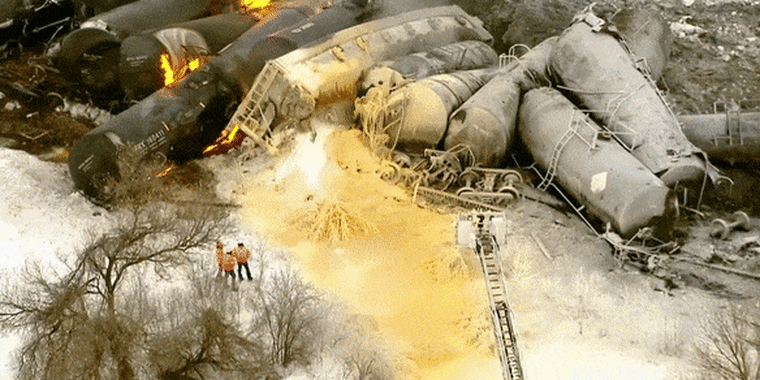 Derailed train cars carrying ethanol erupted in flames in Raymon, Minn., on March 30, 2023.