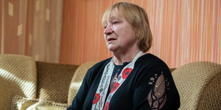 Paraska Demchuk, 67, tears up as she talks about her son, Oleksander Matsievsky, who was killed in action near Bakhmut on Dec 30 according to Ukraine's security services.