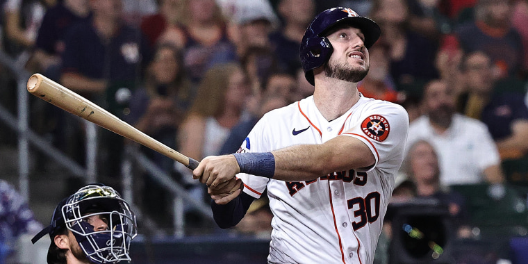 Kyle Tucker of the Houston Astros hits a home run against the Detroit Tigers on April 5, 2023 in Houston.